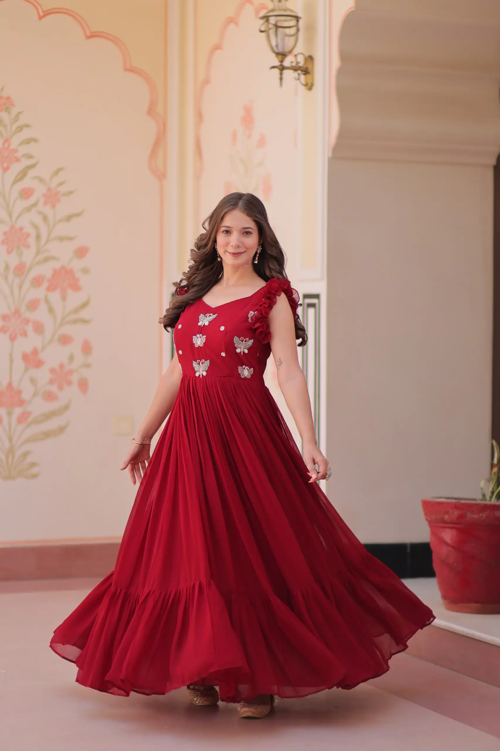 Maroon Faux Blooming Sequins Work Gown | Gowns, Bollywood Gowns, Creative Gowns, Designer Gowns, Embroidered Gowns, Party Wear Gowns