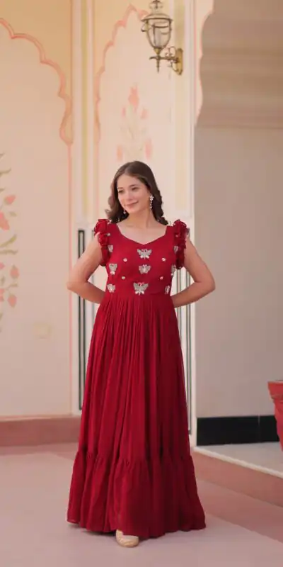 Maroon Faux Blooming Sequins Work Gown | Gowns, Bollywood Gowns, Creative Gowns, Designer Gowns, Embroidered Gowns, Party Wear Gowns
