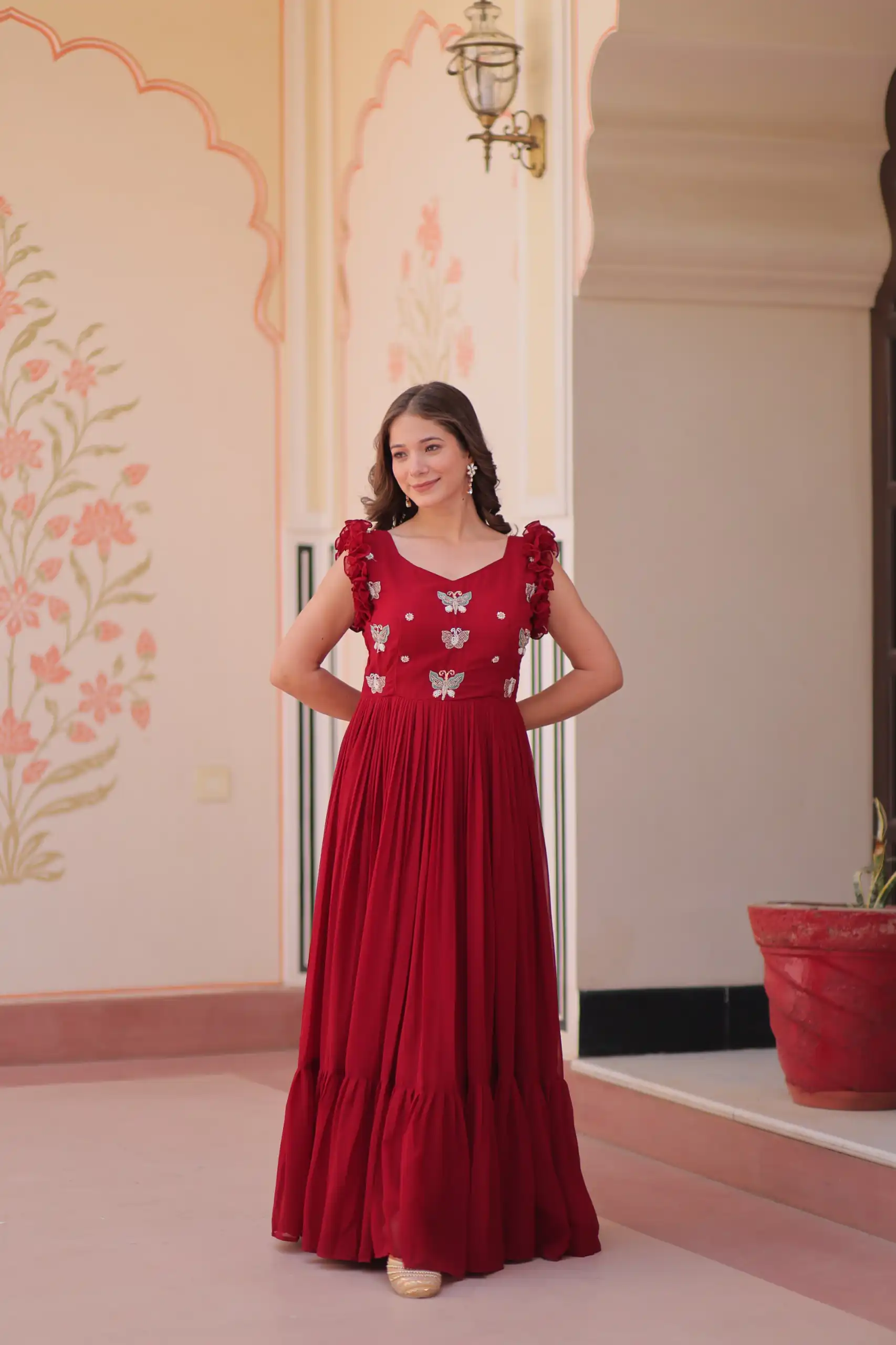 Maroon Faux Blooming Sequins Work Gown | Gowns, Bollywood Gowns, Creative Gowns, Designer Gowns, Embroidered Gowns, Party Wear Gowns