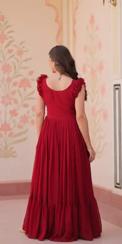 Maroon Faux Blooming Sequins Work Gown | Gowns, Bollywood Gowns, Creative Gowns, Designer Gowns, Embroidered Gowns, Party Wear Gowns