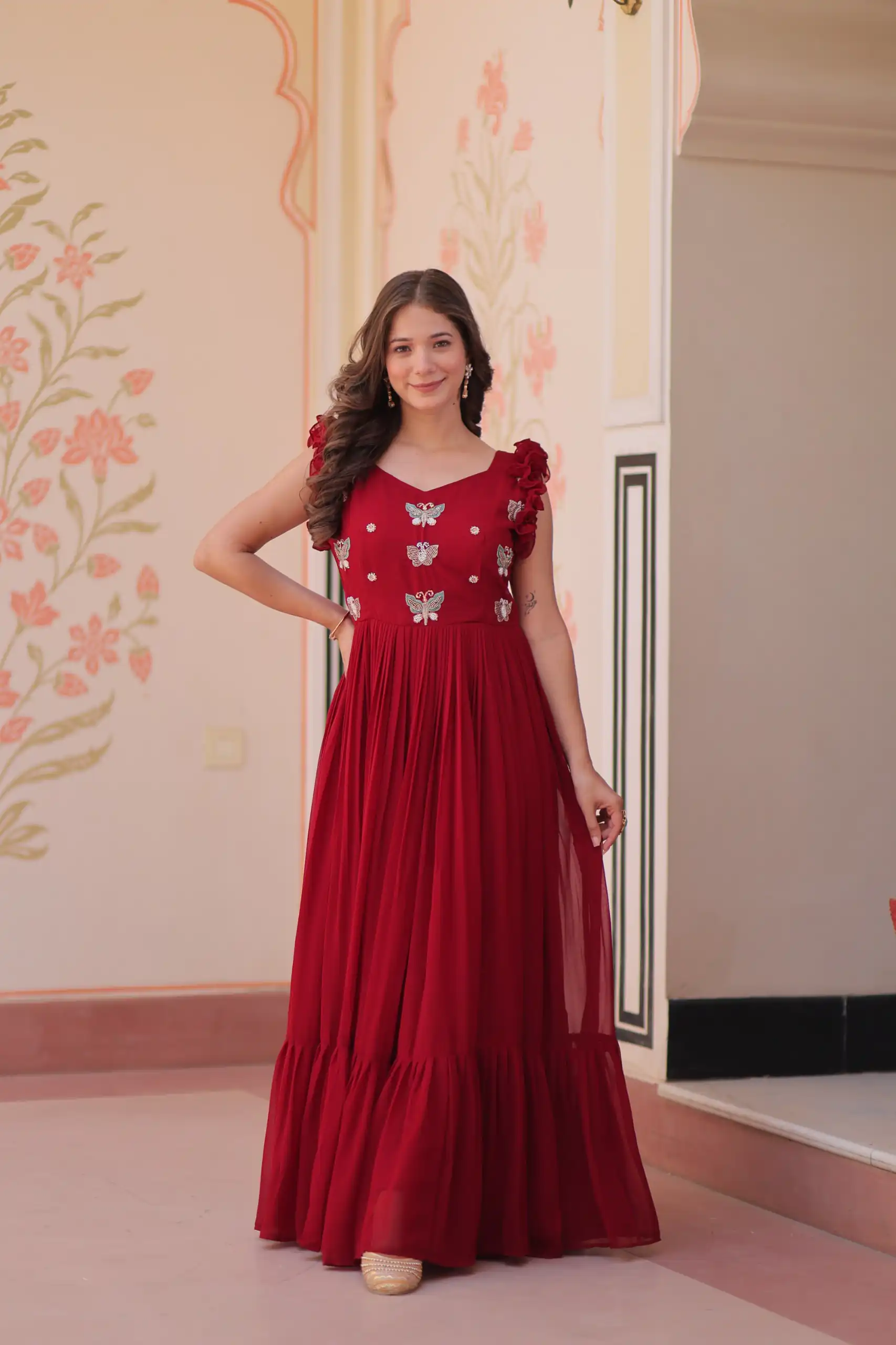 Maroon Faux Blooming Sequins Work Gown | Gowns, Bollywood Gowns, Creative Gowns, Designer Gowns, Embroidered Gowns, Party Wear Gowns
