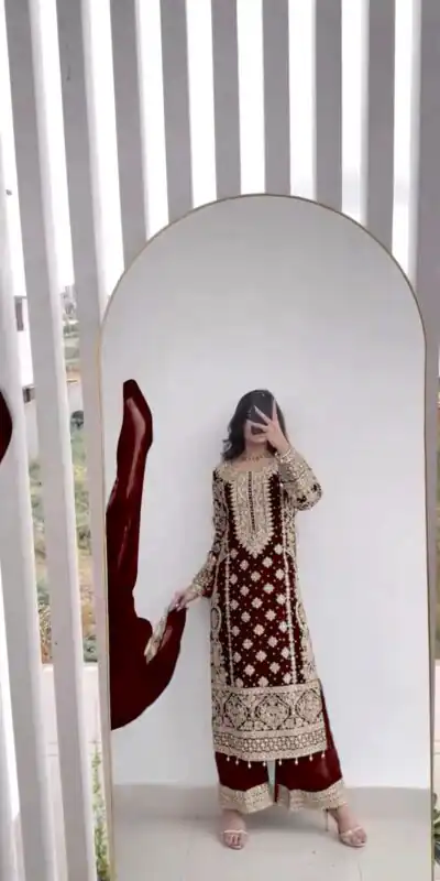 Maroon Faux Georgette Embroidery Salwar Suit | Jump Suits, Salwar suit, Casual Suits, Creative suits, Designer Suits, Palazzo Suits, Party Wear Suits, Patiala Suits, Straight Suits