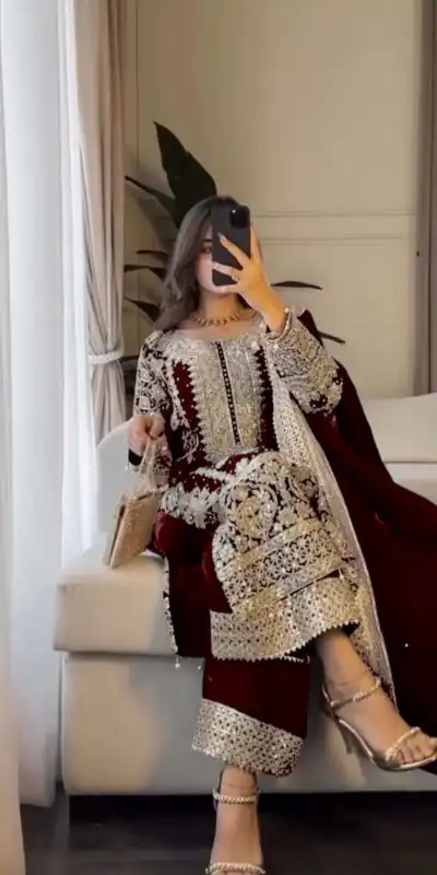 Maroon Faux Georgette Embroidery Salwar Suit | Jump Suits, Salwar suit, Casual Suits, Creative suits, Designer Suits, Palazzo Suits, Party Wear Suits, Patiala Suits, Straight Suits