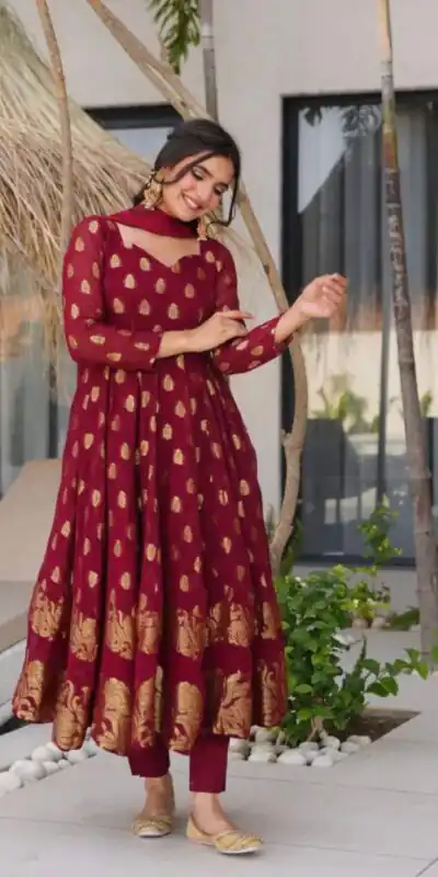 Maroon Faux Georgette Embroidery Work Gown | Gowns, Bollywood Gowns, Creative Gowns, Designer Gowns, Embroidered Gowns, Party Wear Gowns