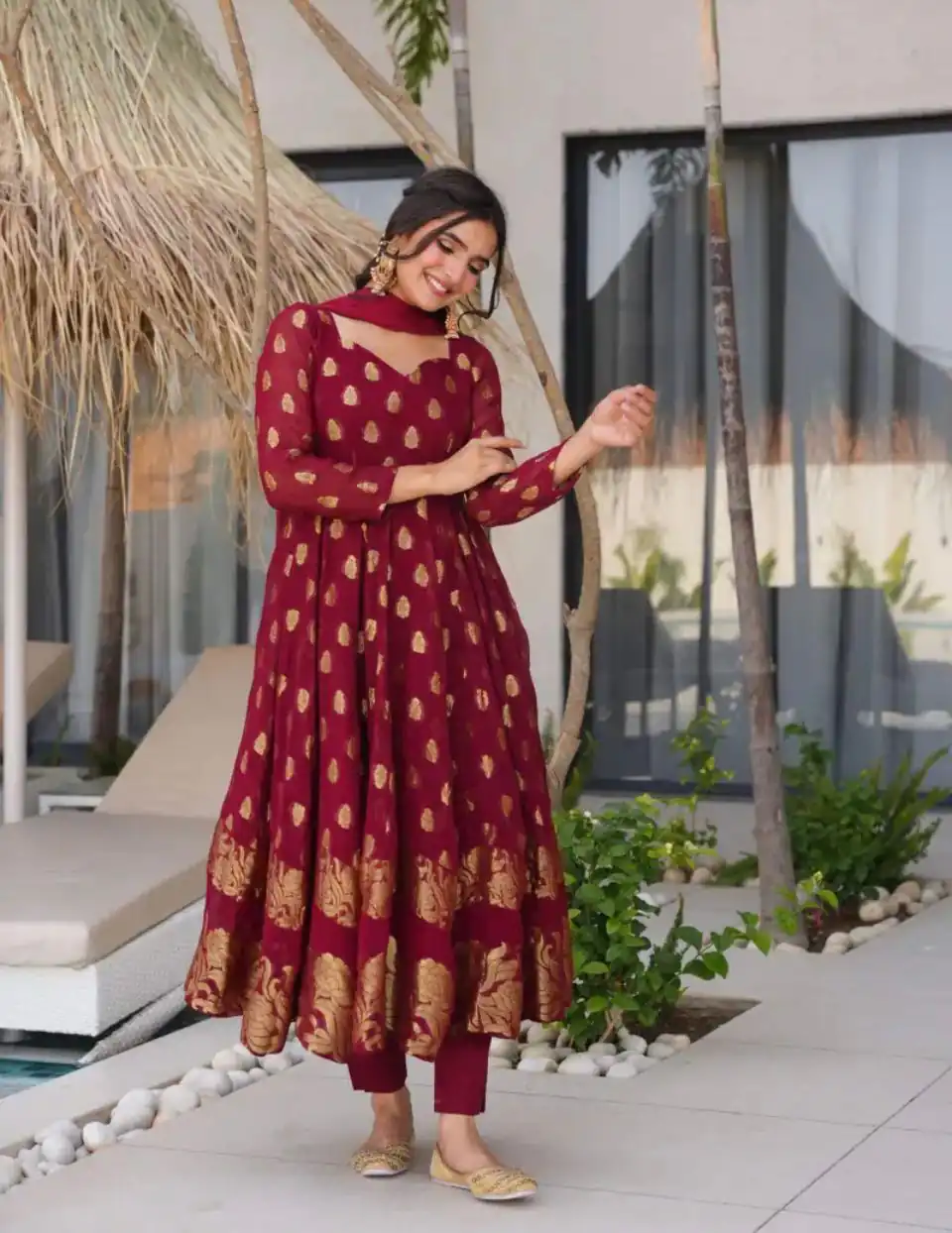 Maroon Faux Georgette Embroidery Work Gown | Gowns, Bollywood Gowns, Creative Gowns, Designer Gowns, Embroidered Gowns, Party Wear Gowns