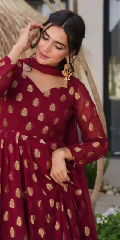 Maroon Faux Georgette Embroidery Work Gown | Gowns, Bollywood Gowns, Creative Gowns, Designer Gowns, Embroidered Gowns, Party Wear Gowns
