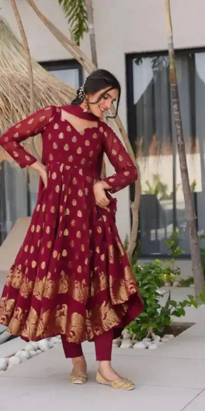 Maroon Faux Georgette Embroidery Work Gown | Gowns, Bollywood Gowns, Creative Gowns, Designer Gowns, Embroidered Gowns, Party Wear Gowns