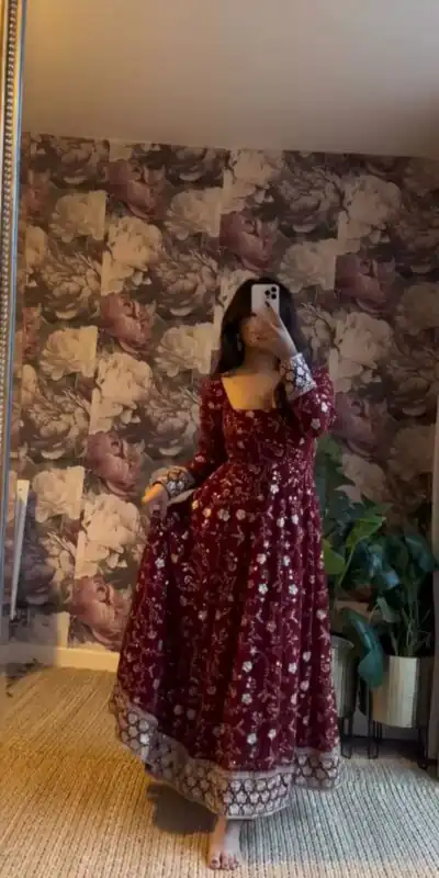 Maroon Faux Georgette Sequence Work Gown | Gowns, Bollywood Gowns, Creative Gowns, Designer Gowns, Embroidered Gowns, Party Wear Gowns