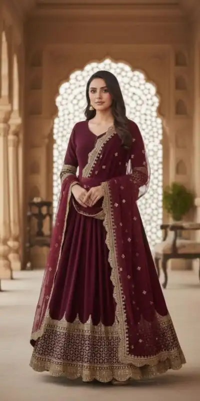 Maroon Faux Georgette With Embroidery Work Gown | Gowns, Bollywood Gowns, Creative Gowns, Designer Gowns, Embroidered Gowns, Party Wear Gowns