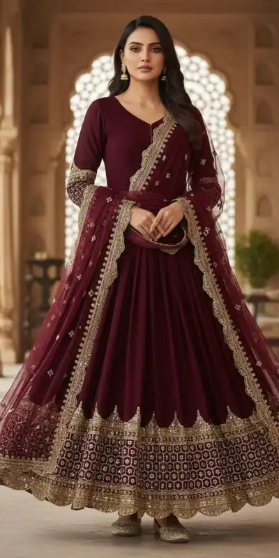 Maroon Faux Georgette With Embroidery Work Gown | Gowns, Bollywood Gowns, Creative Gowns, Designer Gowns, Embroidered Gowns, Party Wear Gowns