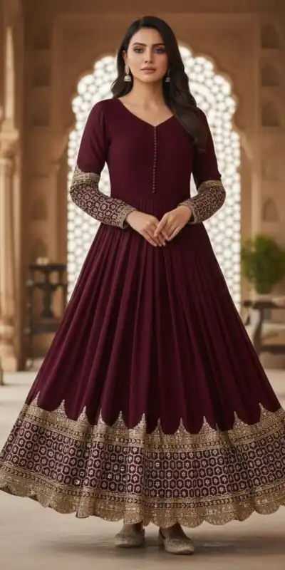 Maroon Faux Georgette With Embroidery Work Gown | Gowns, Bollywood Gowns, Creative Gowns, Designer Gowns, Embroidered Gowns, Party Wear Gowns