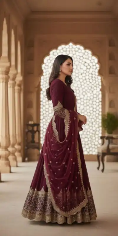 Maroon Faux Georgette With Embroidery Work Gown | Gowns, Bollywood Gowns, Creative Gowns, Designer Gowns, Embroidered Gowns, Party Wear Gowns