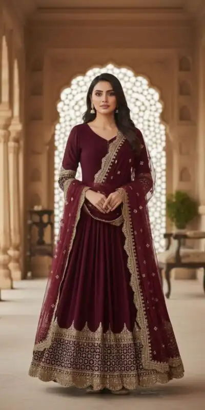 Maroon Faux Georgette With Embroidery Work Gown | Gowns, Bollywood Gowns, Creative Gowns, Designer Gowns, Embroidered Gowns, Party Wear Gowns
