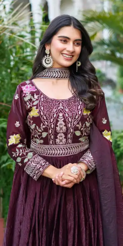 Maroon Fendy Silk Embroidery Work Gown | Gowns, Bollywood Gowns, Creative Gowns, Designer Gowns, Embroidered Gowns, Party Wear Gowns