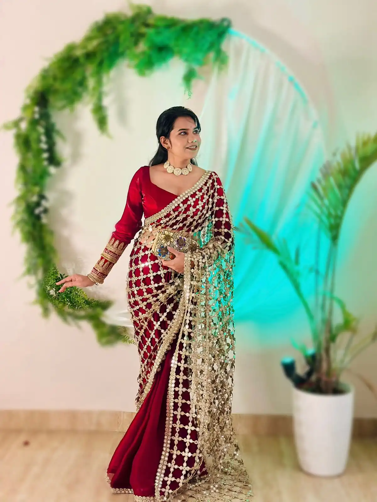 Maroon Fendy Silk Lace Mirror Work Saree | Sarees, Bollywood Sarees, Creative Sarees, Designer Sarees, Embroidered Sarees, Ethnic Saree, Modern Digital sarees, Party Wear Sarees