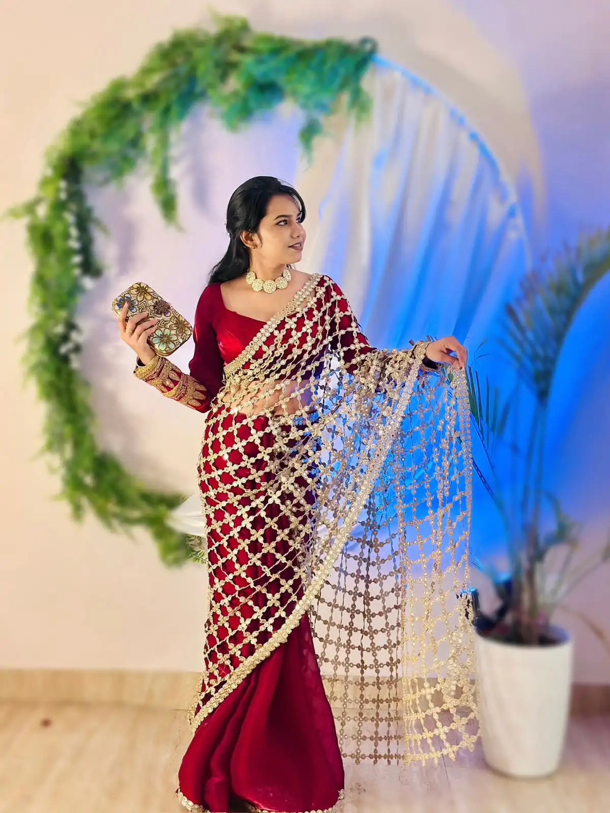 Maroon Fendy Silk Lace Mirror Work Saree | Sarees, Bollywood Sarees, Creative Sarees, Designer Sarees, Embroidered Sarees, Ethnic Saree, Modern Digital sarees, Party Wear Sarees