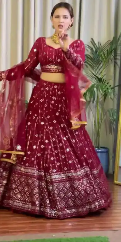 Maroon Fox Georgette Sequence Work Lehenga Choli | Lehenga, Bollywood Lehenga, Creative Lehenga, Designer Lehenga, Embroidered Lehenga, Party Wear Lehenga