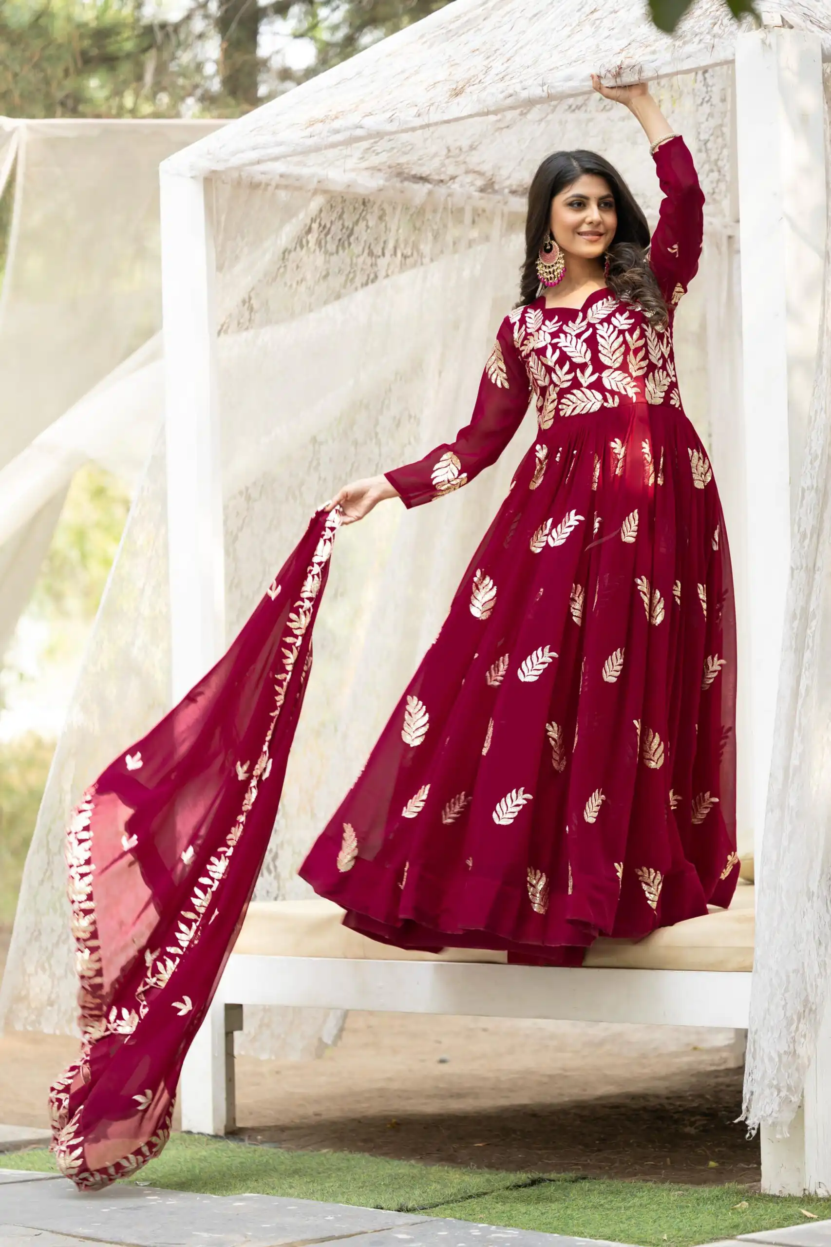 Maroon Fox Georgette With Embroidery Work Gown | Gowns, Bollywood Gowns, Creative Gowns, Designer Gowns, Embroidered Gowns, Party Wear Gowns