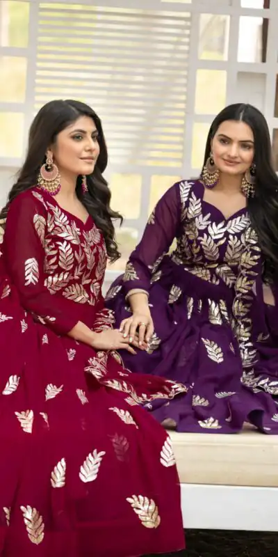 Maroon Fox Georgette With Embroidery Work Gown | Gowns, Bollywood Gowns, Creative Gowns, Designer Gowns, Embroidered Gowns, Party Wear Gowns