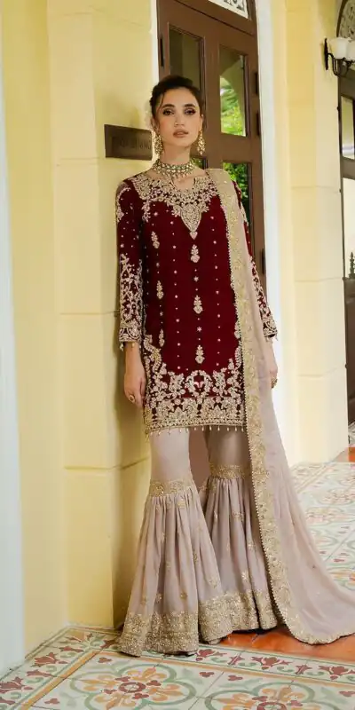 Maroon Fox Georgette With Embroidery Work Salwar Suit | Jump Suits, Salwar suit, Casual Suits, Creative suits, Designer Suits, Palazzo Suits, Party Wear Suits, Patiala Suits, Straight Suits