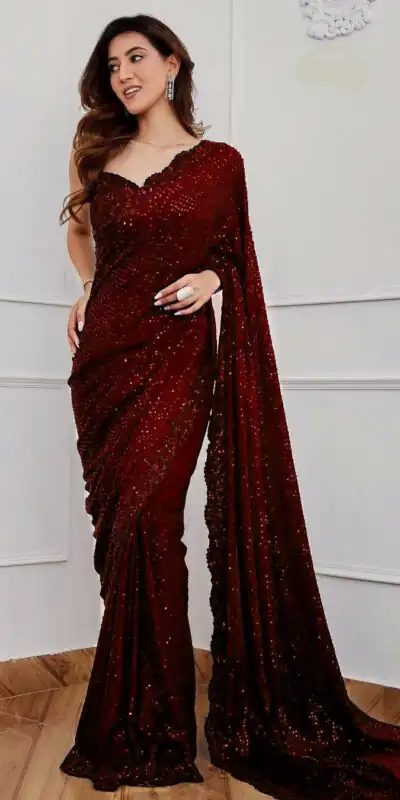 Maroon Georgette 5MM Sequence Work Saree | Sarees, Bollywood Sarees, Creative Sarees, Designer Sarees, Embroidered Sarees, Ethnic Saree, Modern Digital sarees, Party Wear Sarees