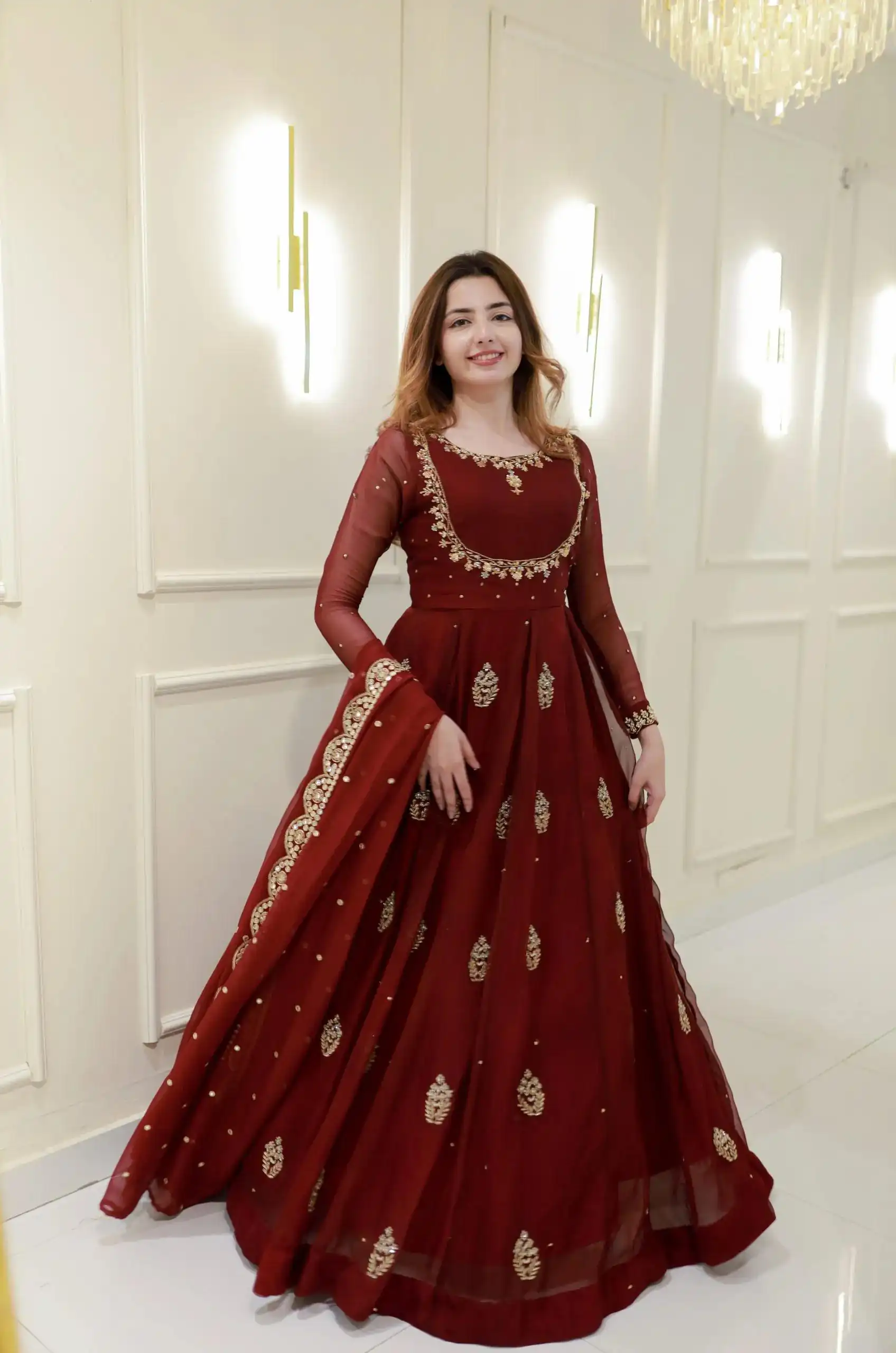 Maroon Georgette Embroidery Work Gown | Gowns, Bollywood Gowns, Creative Gowns, Designer Gowns, Embroidered Gowns, Party Wear Gowns