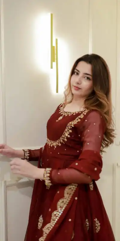 Maroon Georgette Embroidery Work Gown | Gowns, Bollywood Gowns, Creative Gowns, Designer Gowns, Embroidered Gowns, Party Wear Gowns