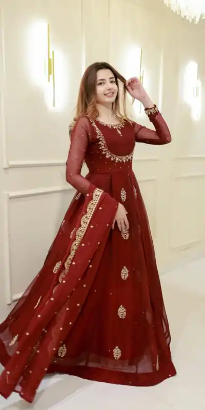 Maroon Georgette Embroidery Work Gown | Gowns, Bollywood Gowns, Creative Gowns, Designer Gowns, Embroidered Gowns, Party Wear Gowns