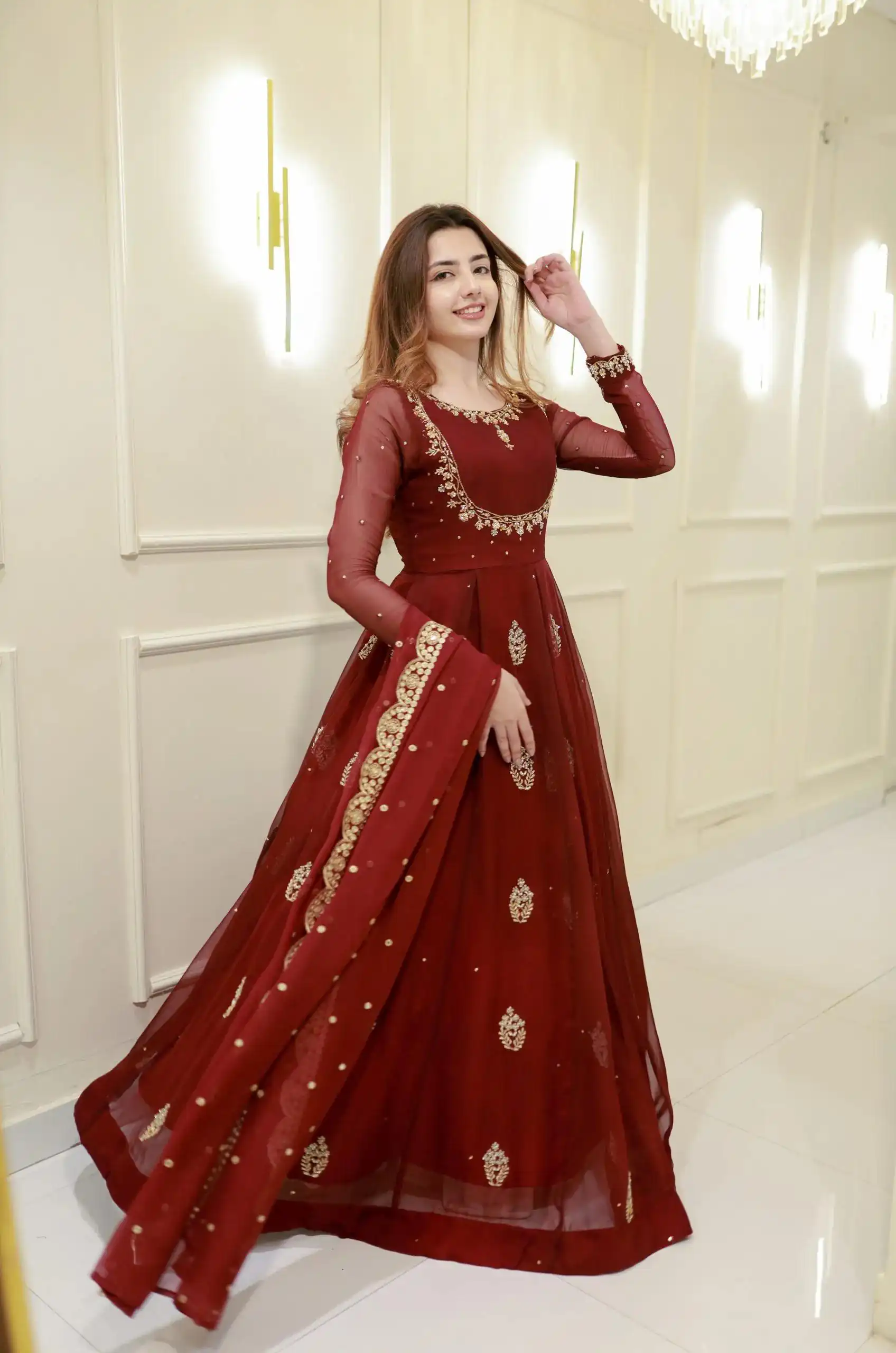 Maroon Georgette Embroidery Work Gown | Gowns, Bollywood Gowns, Creative Gowns, Designer Gowns, Embroidered Gowns, Party Wear Gowns