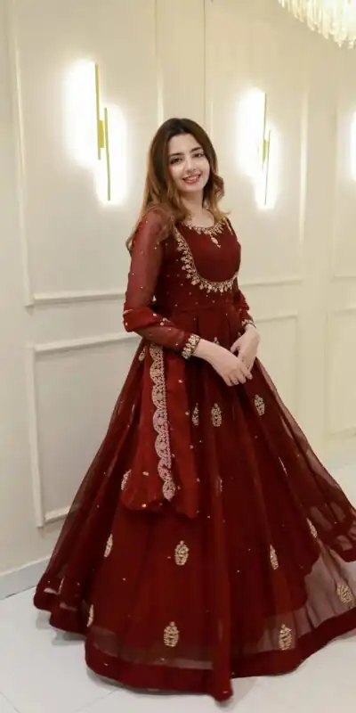 Maroon Georgette Embroidery Work Gown | Gowns, Bollywood Gowns, Creative Gowns, Designer Gowns, Embroidered Gowns, Party Wear Gowns
