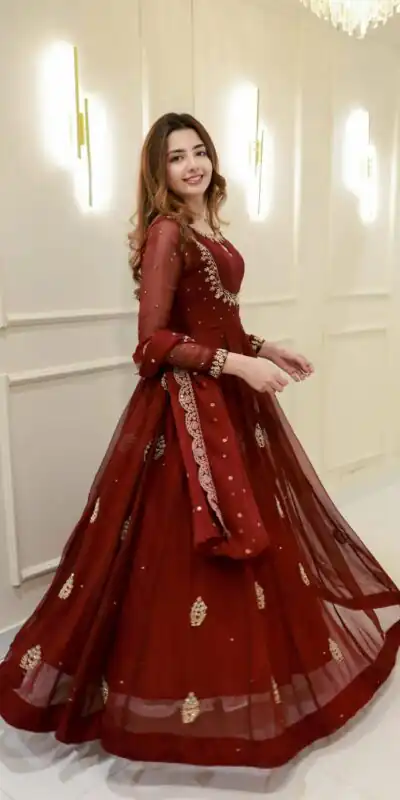 Maroon Georgette Embroidery Work Gown | Gowns, Bollywood Gowns, Creative Gowns, Designer Gowns, Embroidered Gowns, Party Wear Gowns