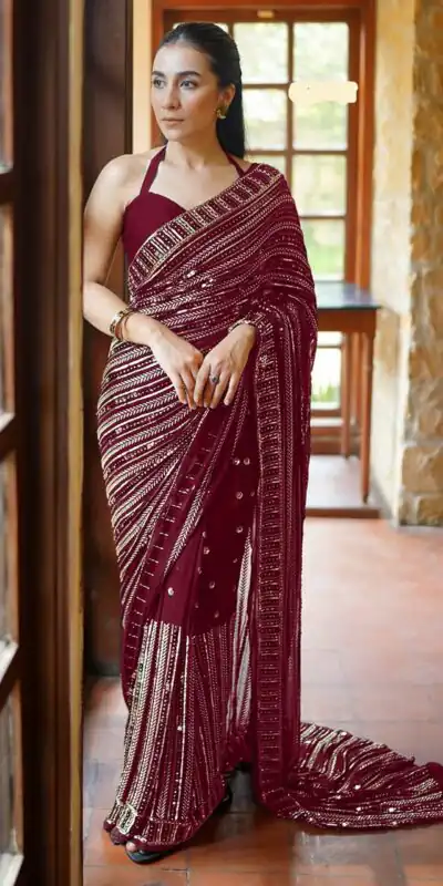 Maroon Georgette Embroidery Work Saree | Sarees, Bollywood Sarees, Creative Sarees, Designer Sarees, Embroidered Sarees, Ethnic Saree, Modern Digital sarees, Party Wear Sarees