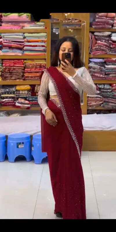 Maroon Georgette Hot Fix Stone Work Saree | Sarees, Bollywood Sarees, Creative Sarees, Designer Sarees, Embroidered Sarees, Ethnic Saree, Modern Digital sarees, Party Wear Sarees