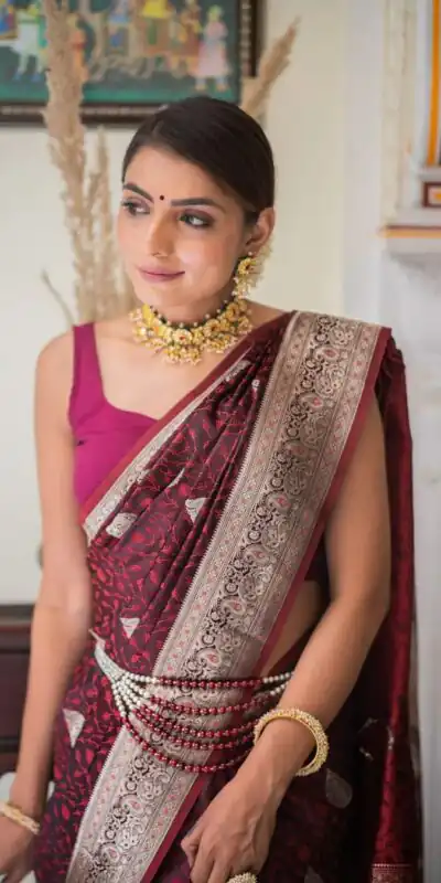 Maroon Lichi Silk Border Saree | Sarees, Bollywood Sarees, Creative Sarees, Designer Sarees, Embroidered Sarees, Ethnic Saree, Modern Digital sarees, Party Wear Sarees