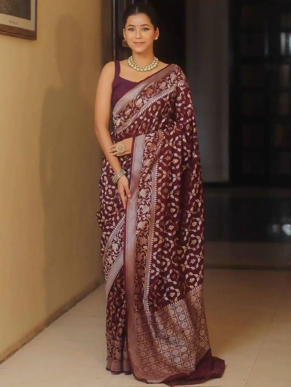 Maroon Lichi Silk Jacquard Border Work Saree | Sarees, Bollywood Sarees, Creative Sarees, Designer Sarees, Embroidered Sarees, Ethnic Saree, Modern Digital sarees, Party Wear Sarees
