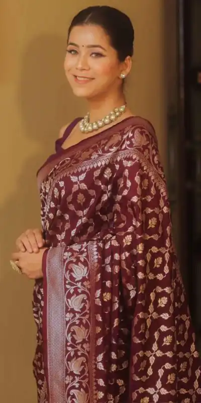 Maroon Lichi Silk Jacquard Border Work Saree | Sarees, Bollywood Sarees, Creative Sarees, Designer Sarees, Embroidered Sarees, Ethnic Saree, Modern Digital sarees, Party Wear Sarees