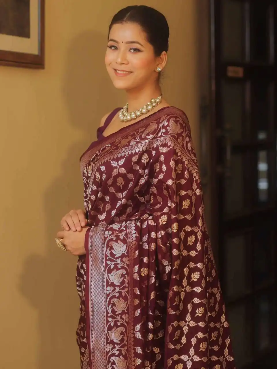 Maroon Lichi Silk Jacquard Border Work Saree | Sarees, Bollywood Sarees, Creative Sarees, Designer Sarees, Embroidered Sarees, Ethnic Saree, Modern Digital sarees, Party Wear Sarees