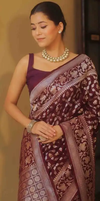 Maroon Lichi Silk Jacquard Border Work Saree | Sarees, Bollywood Sarees, Creative Sarees, Designer Sarees, Embroidered Sarees, Ethnic Saree, Modern Digital sarees, Party Wear Sarees