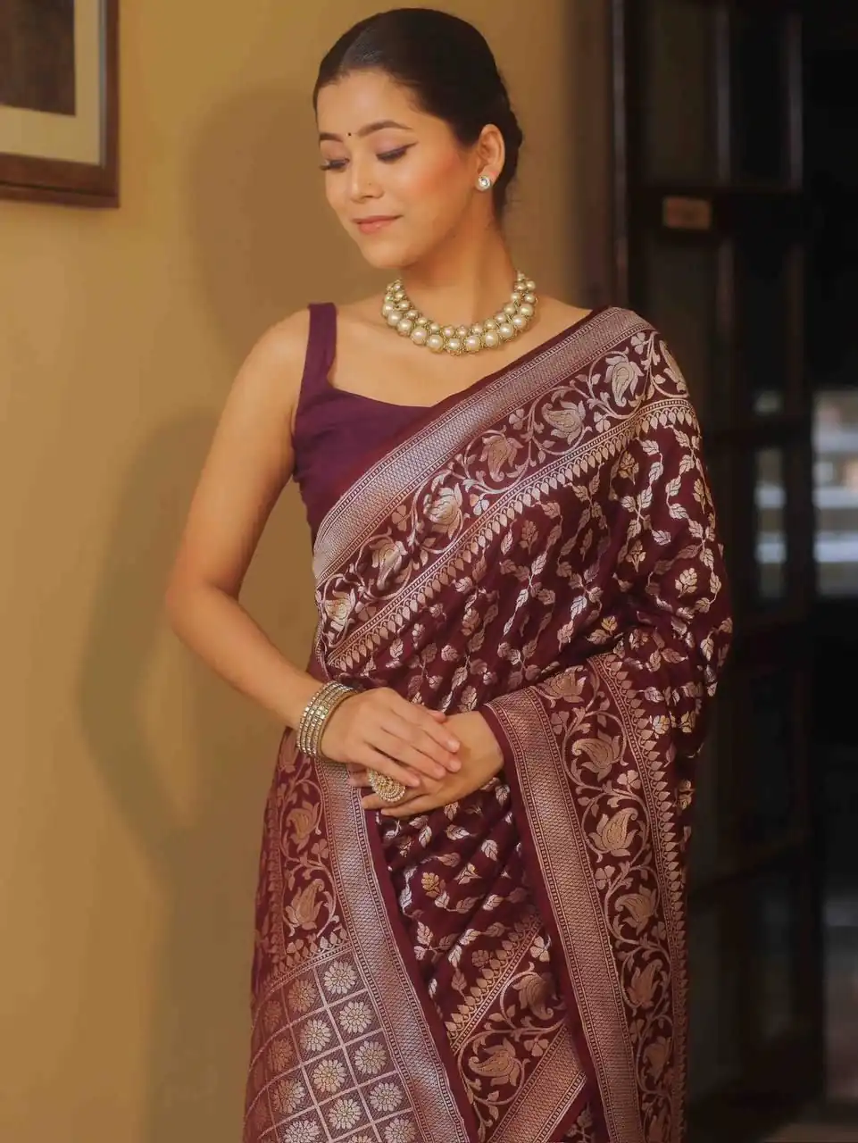 Maroon Lichi Silk Jacquard Border Work Saree | Sarees, Bollywood Sarees, Creative Sarees, Designer Sarees, Embroidered Sarees, Ethnic Saree, Modern Digital sarees, Party Wear Sarees