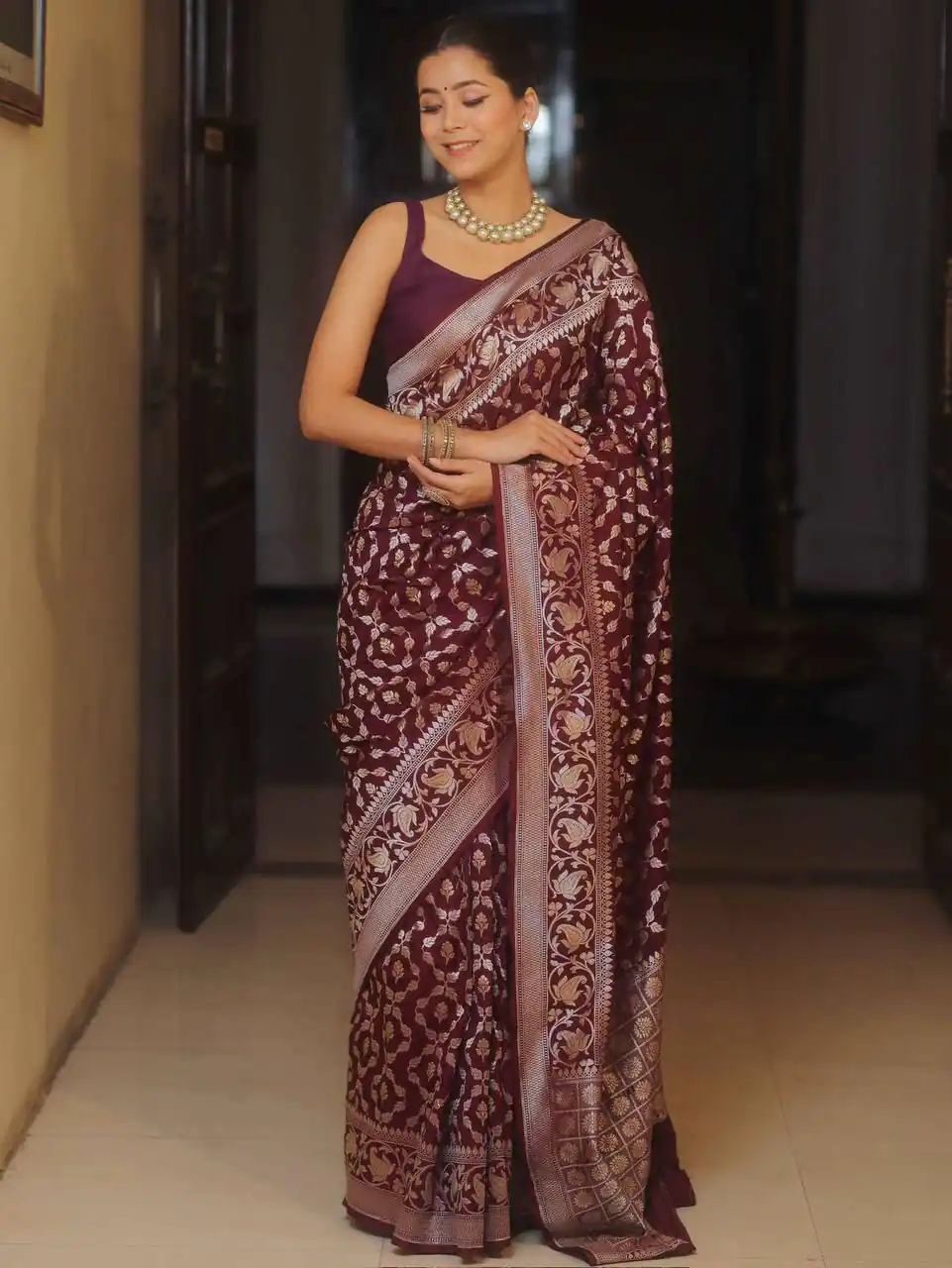 Maroon Lichi Silk Jacquard Border Work Saree | Sarees, Bollywood Sarees, Creative Sarees, Designer Sarees, Embroidered Sarees, Ethnic Saree, Modern Digital sarees, Party Wear Sarees