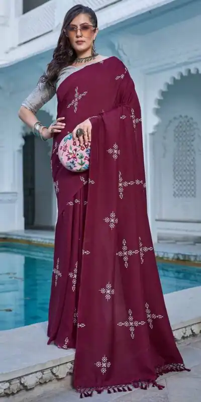 Maroon Natural Silk With Thread Embroidery Saree | Sarees, Bollywood Sarees, Creative Sarees, Designer Sarees, Embroidered Sarees, Ethnic Saree, Modern Digital sarees, Party Wear Sarees