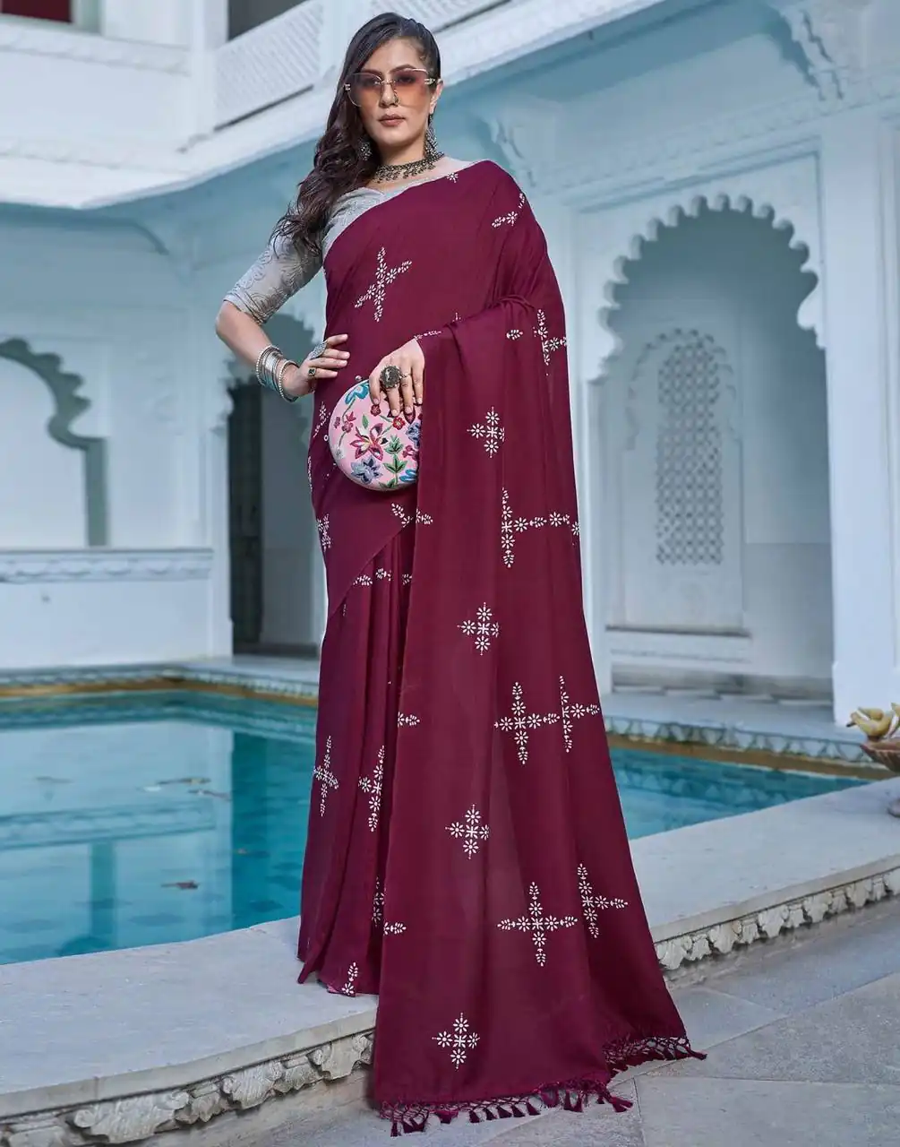 Maroon Natural Silk With Thread Embroidery Saree | Sarees, Bollywood Sarees, Creative Sarees, Designer Sarees, Embroidered Sarees, Ethnic Saree, Modern Digital sarees, Party Wear Sarees