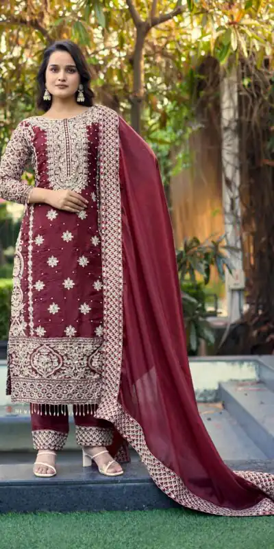 Maroon Organza Silk Embroidery Work Salwar Suit | Jump Suits, Salwar suit, Casual Suits, Creative suits, Designer Suits, Palazzo Suits, Party Wear Suits, Patiala Suits, Straight Suits