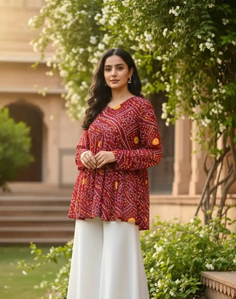 Maroon Pure Georgette With Printed Kurti | Kurti, Bollywood Kurti, Creative Kurtis, Designer Kurti, Party Wear Kurti, Selfie Kurti