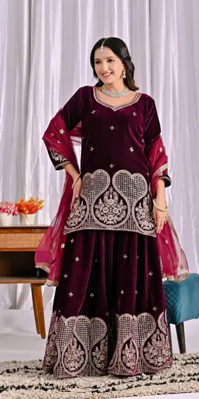 Maroon Pure Viscous Velvet Embroidery Work Salwar Suit | Jump Suits, Tops & Bottoms, Track Suits, Salwar suit, Casual Suits, Creative suits, Designer Suits, Palazzo Suits, Party Wear Suits, Patiala Suits, Straight Suits, Trendy Wear