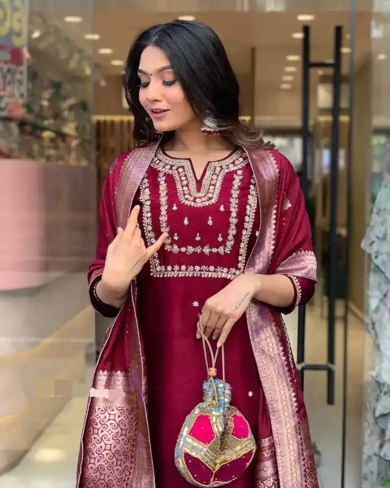 Maroon Roman Silk Coding Work Salwar Suit | Jump Suits, Salwar suit, Casual Suits, Creative suits, Designer Suits, Palazzo Suits, Party Wear Suits, Patiala Suits, Straight Suits