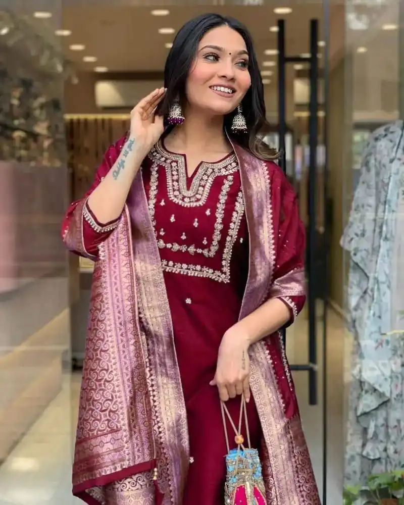 Maroon Roman Silk Coding Work Salwar Suit | Jump Suits, Salwar suit, Casual Suits, Creative suits, Designer Suits, Palazzo Suits, Party Wear Suits, Patiala Suits, Straight Suits