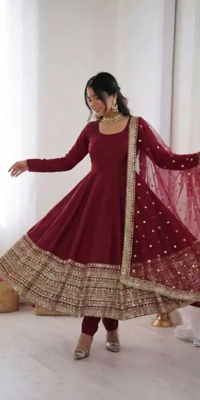 Maroon Roman Silk Embroidery Lace Work Gown | Gowns, Bollywood Gowns, Creative Gowns, Designer Gowns, Embroidered Gowns, Party Wear Gowns