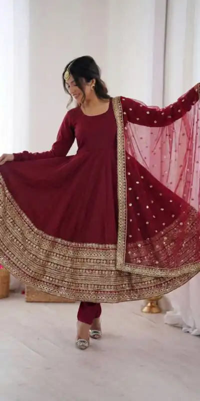 Maroon Roman Silk Embroidery Lace Work Gown | Gowns, Bollywood Gowns, Creative Gowns, Designer Gowns, Embroidered Gowns, Party Wear Gowns