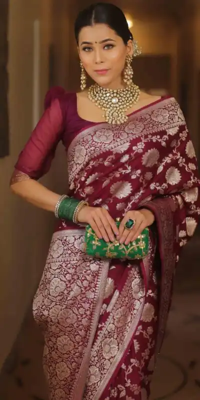 Maroon Soft Lichi Silk All Over Work Saree | Sarees, Bollywood Sarees, Creative Sarees, Designer Sarees, Embroidered Sarees, Ethnic Saree, Modern Digital sarees, Party Wear Sarees